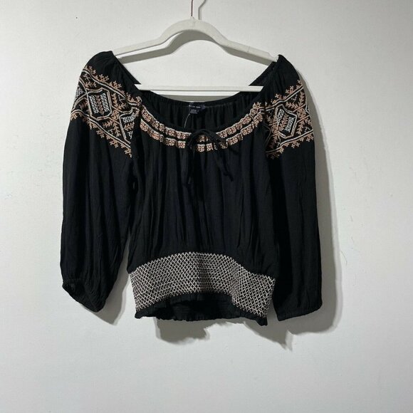 NWT American Eagle Black Pink Embroidered Boho Blouse Size Small - Picture 1 of 4